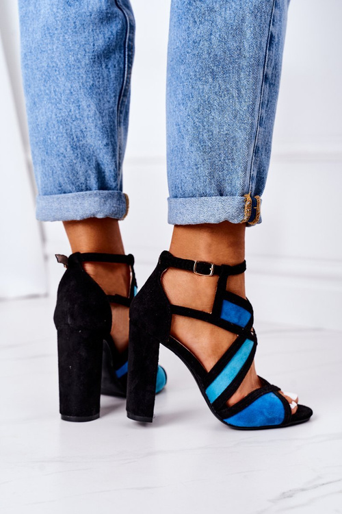 Замшеві босоніжки на блочному каблуці чорно-сині Emolly
