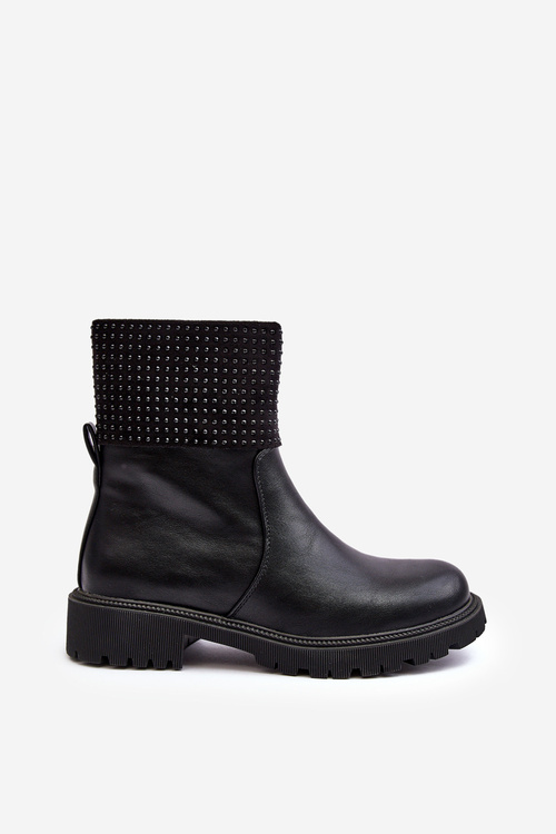 Жіночі чоботи на плоскій підошві з прикрасами чорного занідіту