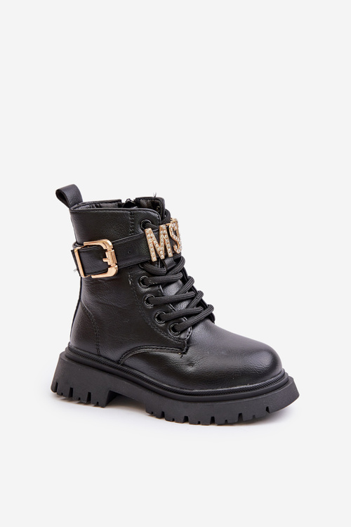 Черевики для дівчинки з екошкіри утеплені декоративним ремінцем Gilian чорного кольору