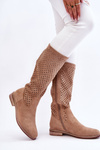 Жіночі замшеві ажурні чоботи бежеві саванна
