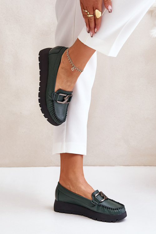 Шкіряні мокасини на платформі з декором Dark Green Zazoo 10141