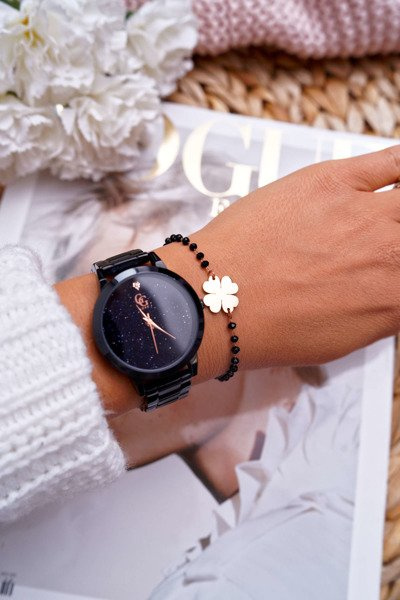 Жіночий браслет на ланцюжку Рожеве золото Чорний бісер Конюшина Chaser