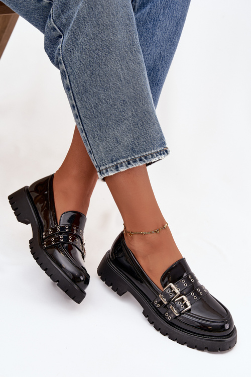 Шкіряні жіночі мокасини з ремінцями та срібними пряжками Чорні Gabrisse