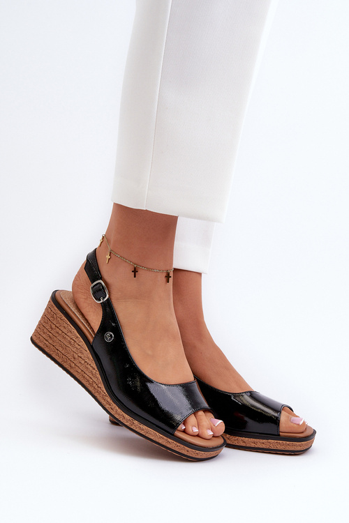 Жіночі лаковані босоніжки на танкетці Sergio Leone SK301 Чорні