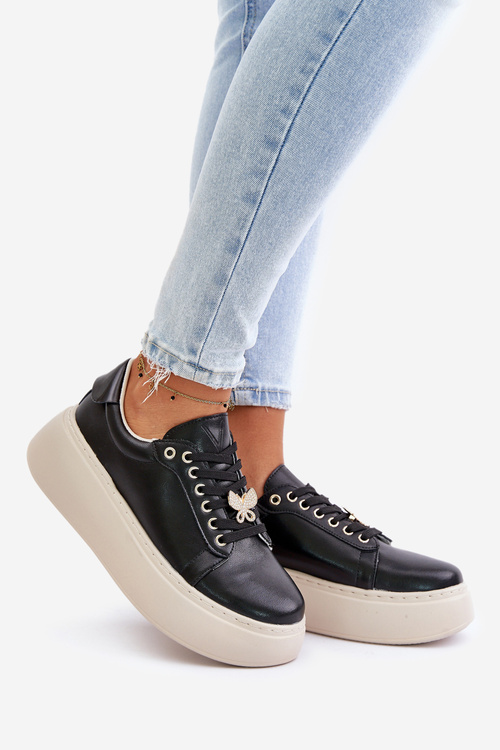 Шкіряні жіночі кросівки на платформі з брошкою Vinceza 89101 Чорні