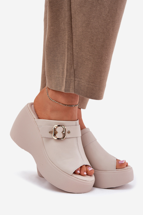 Шкіряні Жіночі Сандалі На Платформі І Каблуці З Застібкою Бежеві S.Barski LR51-542