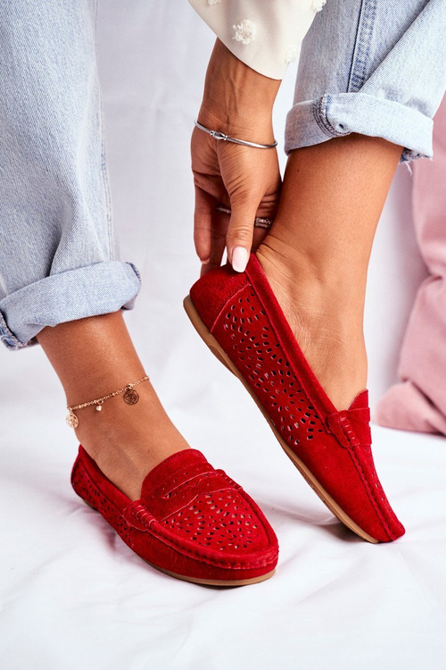 Замшеві ажурні мокасини жіночі S.Barski Red