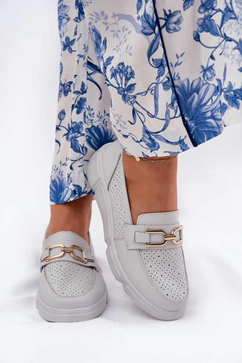 Жіночі Шкіряні Мокасини з Золотим Деталем Jasnoszare Vinceza 88007