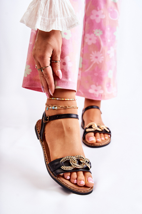 Жіночі босоніжки на підборах з ланцюжком Minevra чорного кольору