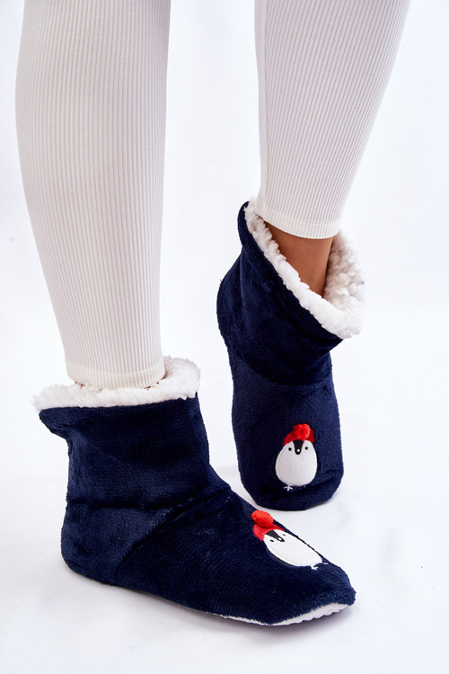 Жіночі тапочки Теплі тапочки з пінгвінами Темно-сині