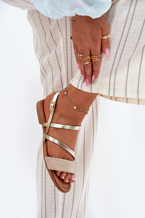 Шкіряні Жіночі Сандалі з Плоским Каблуком Maciejka 06966-25 Золоті