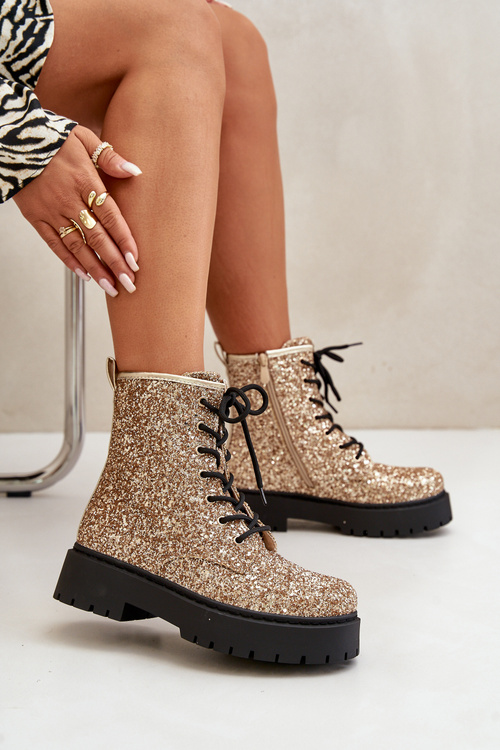 Утеплені жіночі робочі черевики, прикрашені блискітками золотого ліатеїну