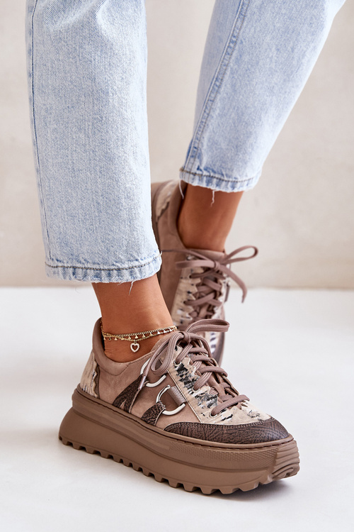 Жіночі шкіряні кросівки на платформі Maciejka 06562-10 Темно-бежеві