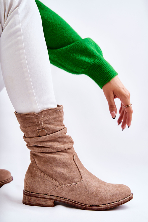 Жіночі гофровані замшеві чоботи бежеві Joanne