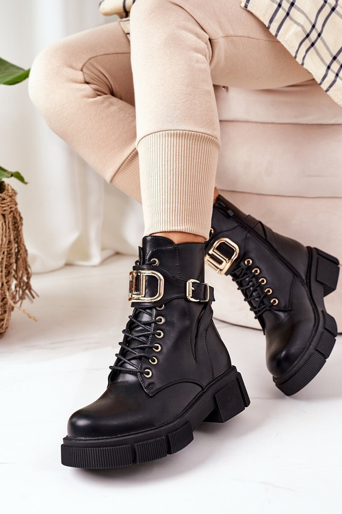 Утеплені черевики із золотою пряжкою Чорні Maybelle