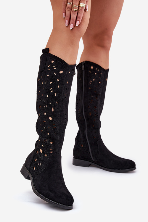 Перфораційні Чоботи На Плоскому Каблуку Чорні HY51-176