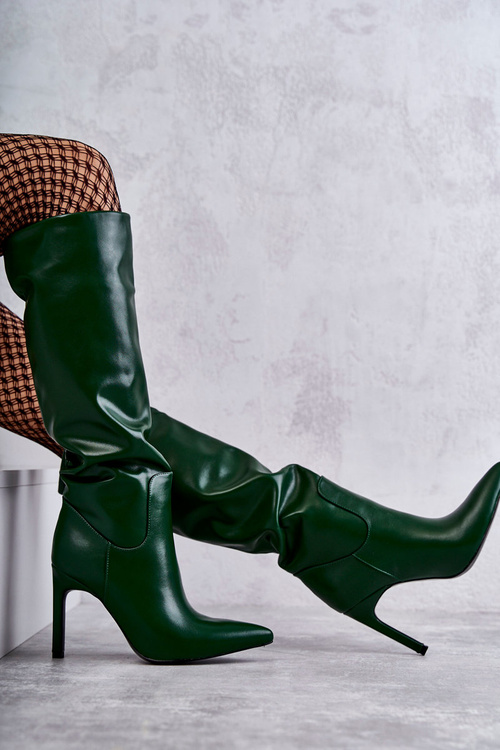 Шкіряні Чоботи На Шпильці Зелена Риса