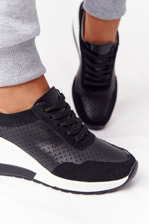 Ажурні шкіряні кросівки на танкетці S.Barski Чорні