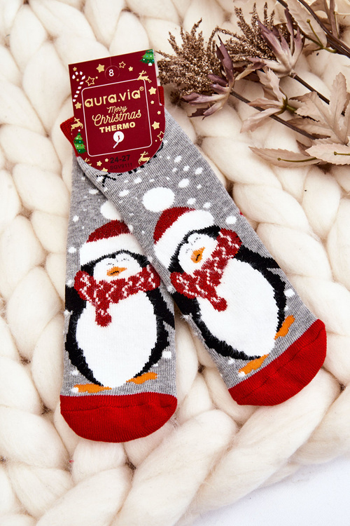 Дитячі новорічні бавовняні термоактивні шкарпетки Penguin Grey