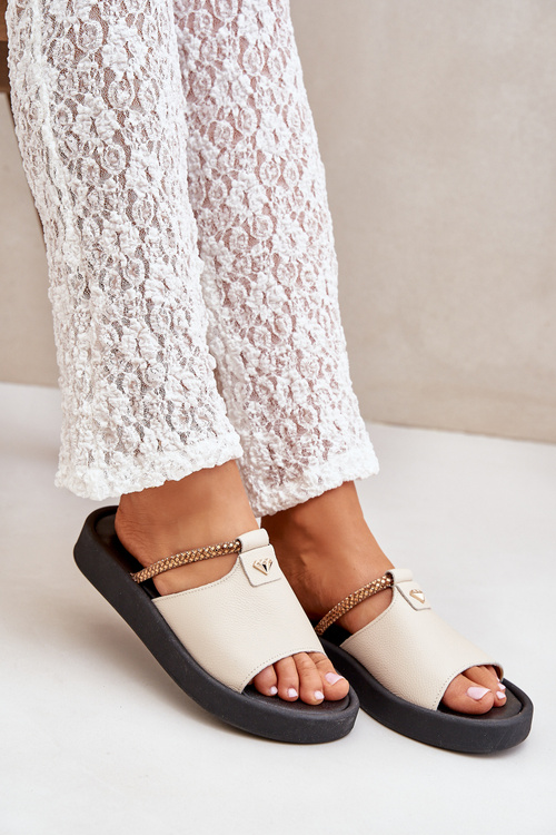 Жіночі Шльопанці зі Шкіри Бежеві Зазу 2896