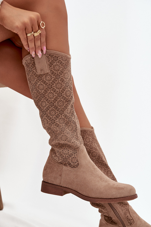 Жіночі чоботи з перфорацією на плоскому каблуці S.Barski HY52-534 бежеві