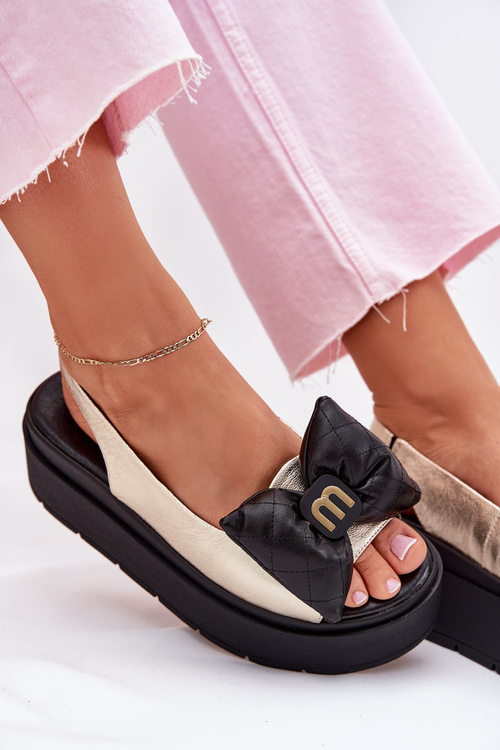 Жіночі шкіряні сандалі на платформі з бантом CheBello 4641 золотисто-чорні