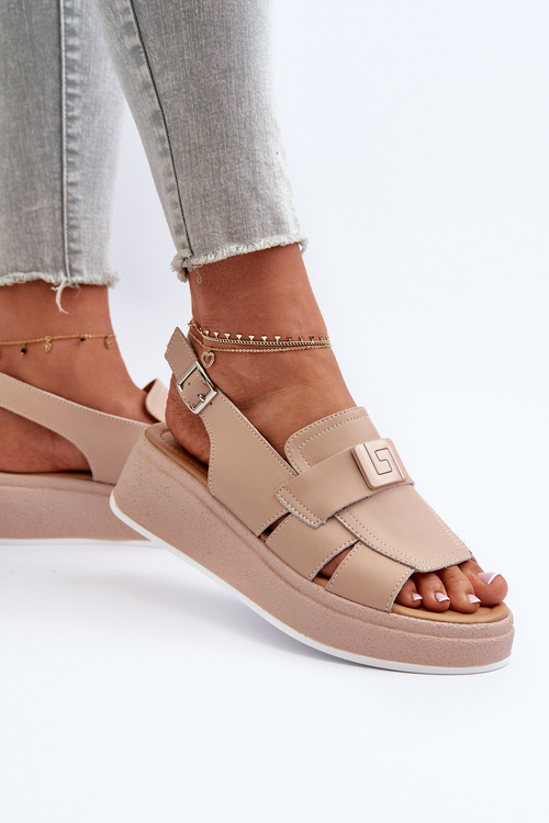 Шкіряні жіночі босоніжки на платформі та танкетці темно-бежеві Vivitellia