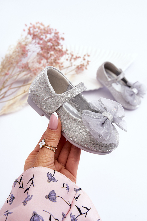 Дитячі балерини з бантом і блискітками на липучці Silver-Grey Elisa