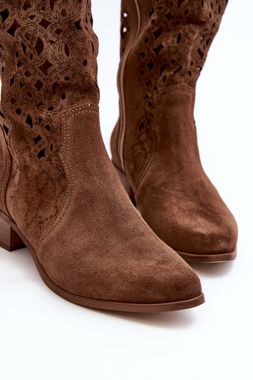 Ажурні жіночі чоботи Zazoo 3403 на низькому каблуці коричневі
