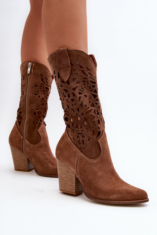 Жіночі бежеві замшеві ажурні чоботи на високих підборах Zazoo 3166/P