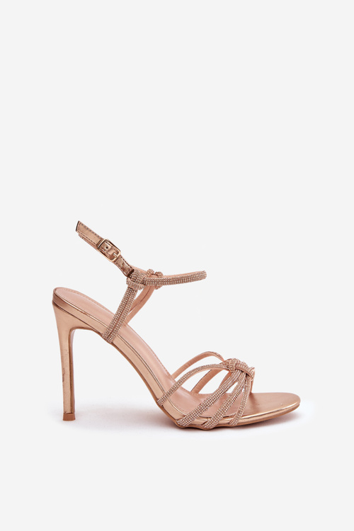 Жіночі сандалі на підборах з ремінцями і стразами шампанське Tanelle