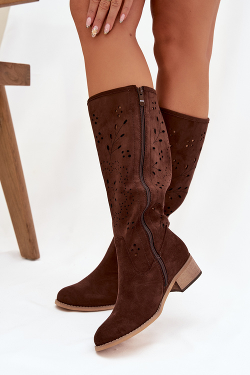Ажурні жіночі чоботи на каблуці шоколадні Helinna