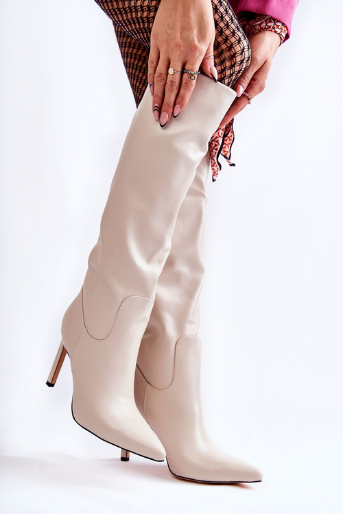 Шкіряні Чоботи На Шпильці Бежеві Rissa