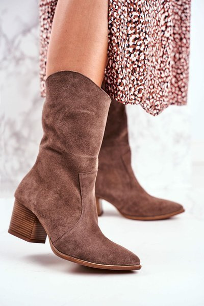 Жіночі чоботи на високому каблуці з нубуку світлі капучіно Nicole 2580