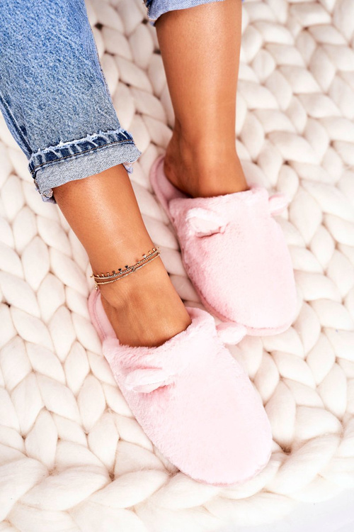 Жіночі домашні пухнасті тапочки з вушками світло-рожевого бегемота