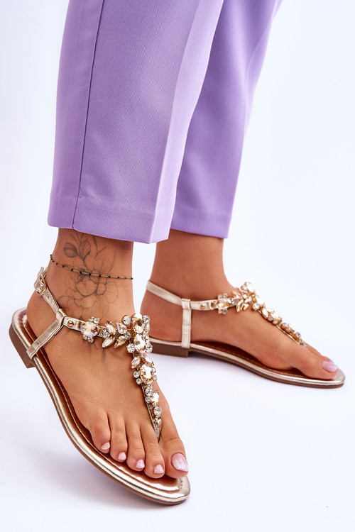 Жіночі босоніжки В'єтнамки з камінням золото Lenisa