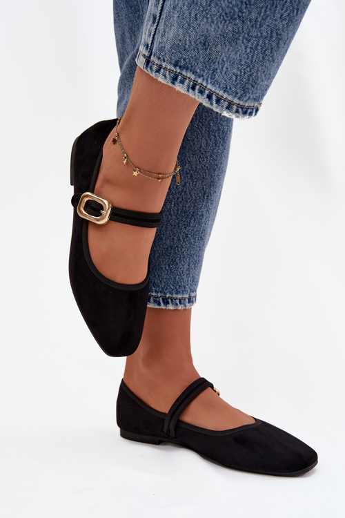 Балерінки з ремінцем і золотою пряжкою еко замшеві чорні Adelora