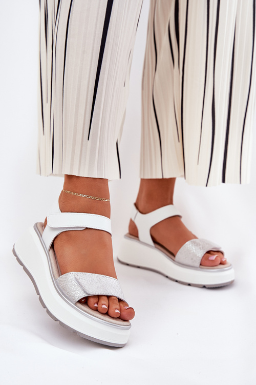 Жіночі Шкіряні Сандалі На Платформі І Каблуку З Липучкою S.Barski LR51-543 Сріблясті