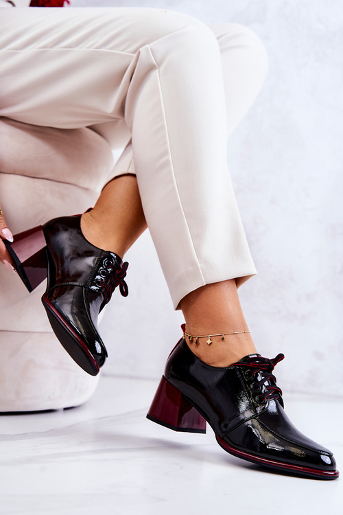 Лаковані туфлі на зав'язках на стовпчику чорно-червоні Esmera