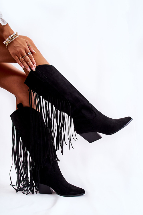 Жіночі замшеві ковбойські чоботи з бахромою, чорні Simplo