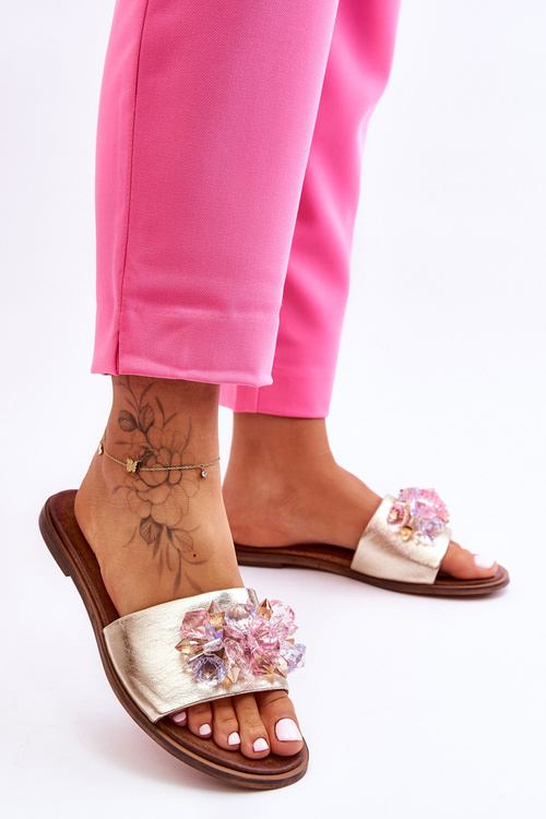 Шкіряні жіночі тапочки з декором Nicole 2726/064 Золотий