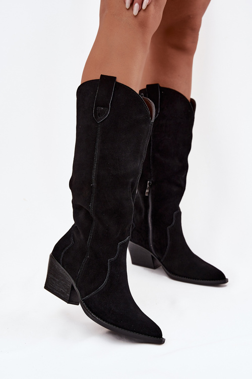 Шкіряні замшеві жіночі черевики козаки утеплені чорні Urselle