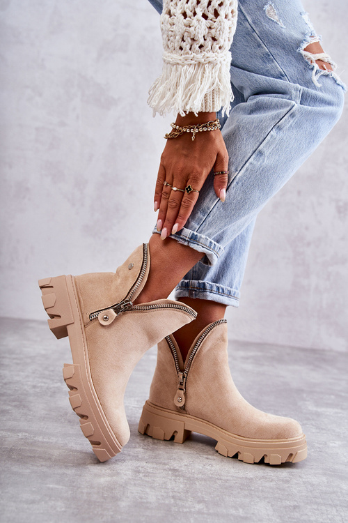 Жіночі замшеві чоботи на блискавці, бежевий ритм
