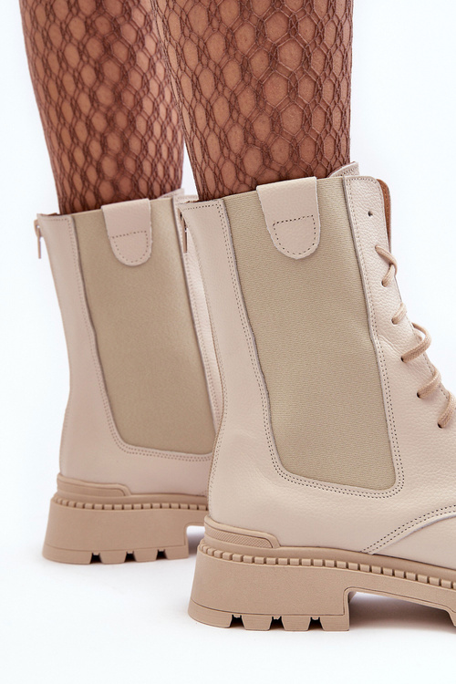 Шкіряні жіночі ботильйони на шнурівці бежеві Nicole 2836