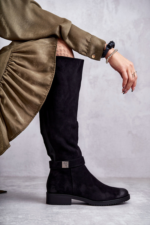 Жіночі замшеві чоботи на плоскій підошві Чорні Henrike