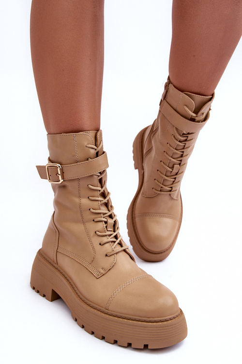 Шкіряні чоботи на плоскому каблуці та застібці Бежеві Самивло