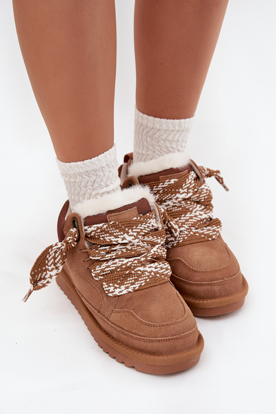 Замшеві жіночі зимові чоботи з хутром і товстими шнурками Vinceza 97963 Camel