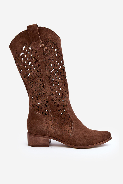 Ажурні жіночі чоботи Zazoo 3403 на низькому каблуці коричневі