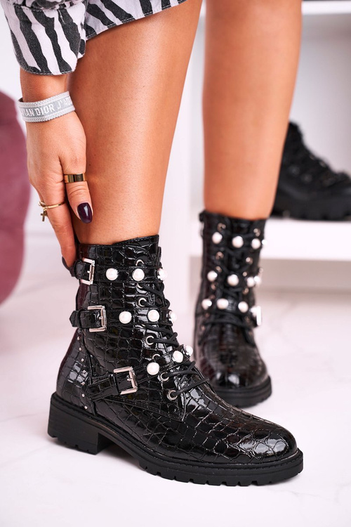 Жіночі чоботи з перлами, блискучим чорним тваринним принтом Вітні