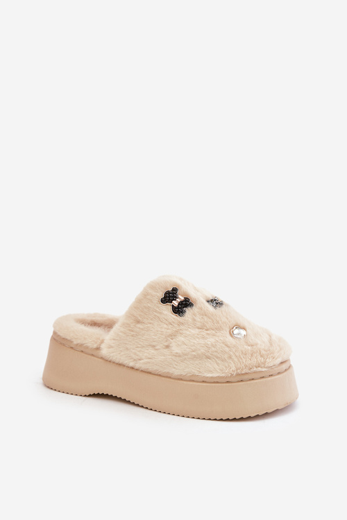 Жіночі пухнасті тапочки на товстій підошві зі шпильками бежеві Zintoria